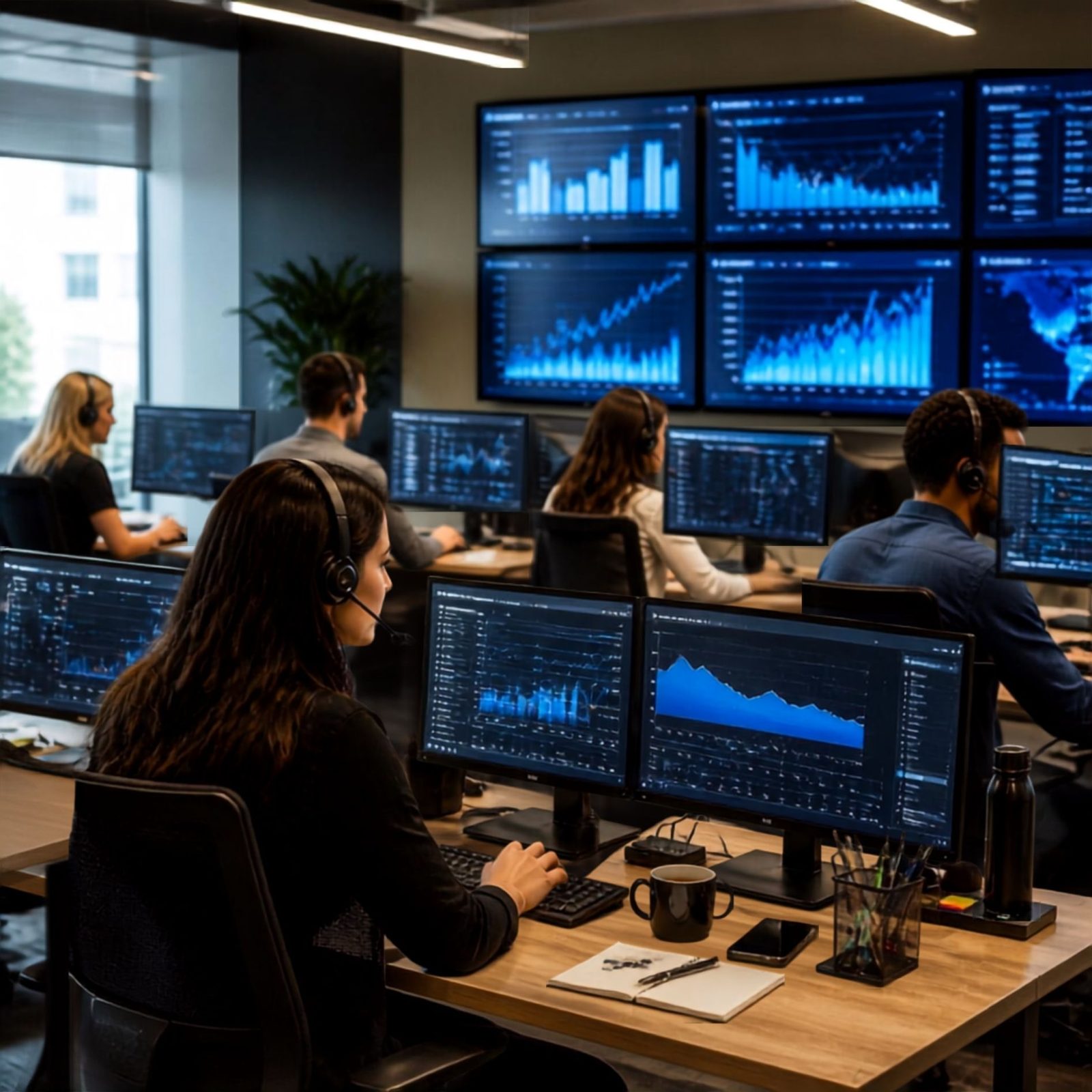 Equipe monitorando painéis de operação