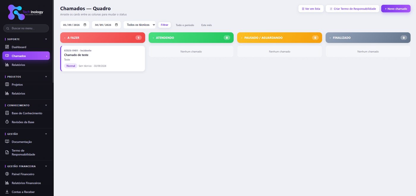 Quadro Kanban de chamados: arraste o card entre as colunas para mudar o status.