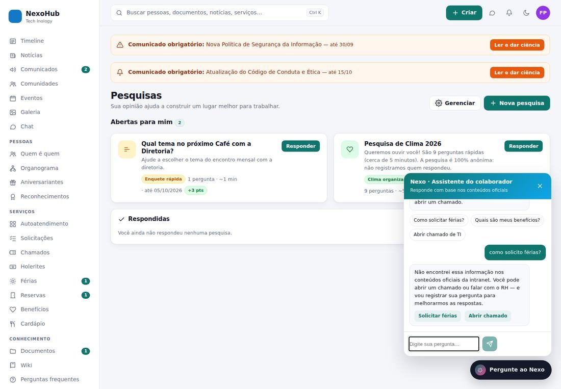 Assistente com inteligência artificial do NexoHub respondendo a dúvida de um colaborador
