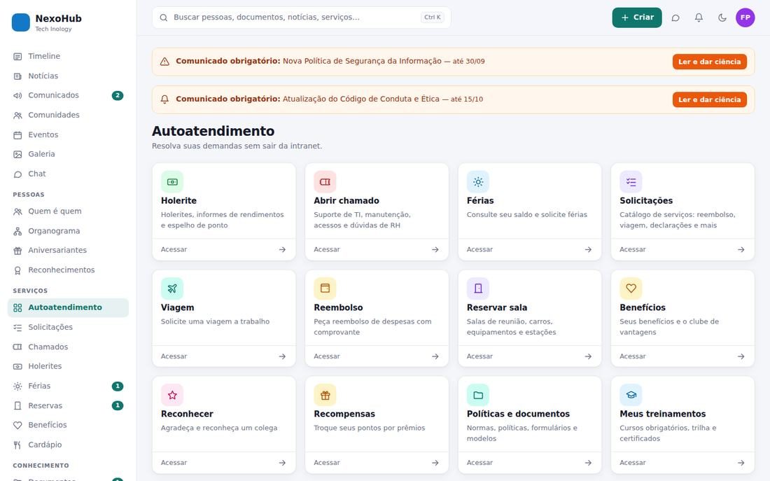 Tela de autoatendimento de RH do NexoHub com atalhos para holerite, férias, reembolso e chamados