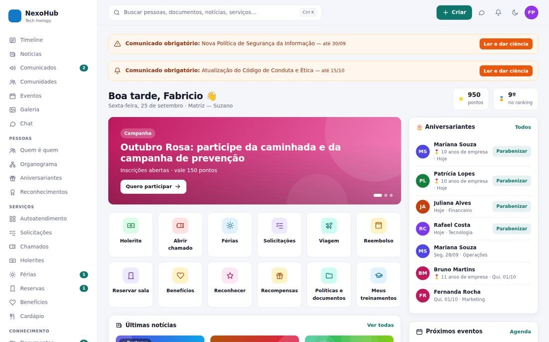 Página inicial da intranet corporativa NexoHub