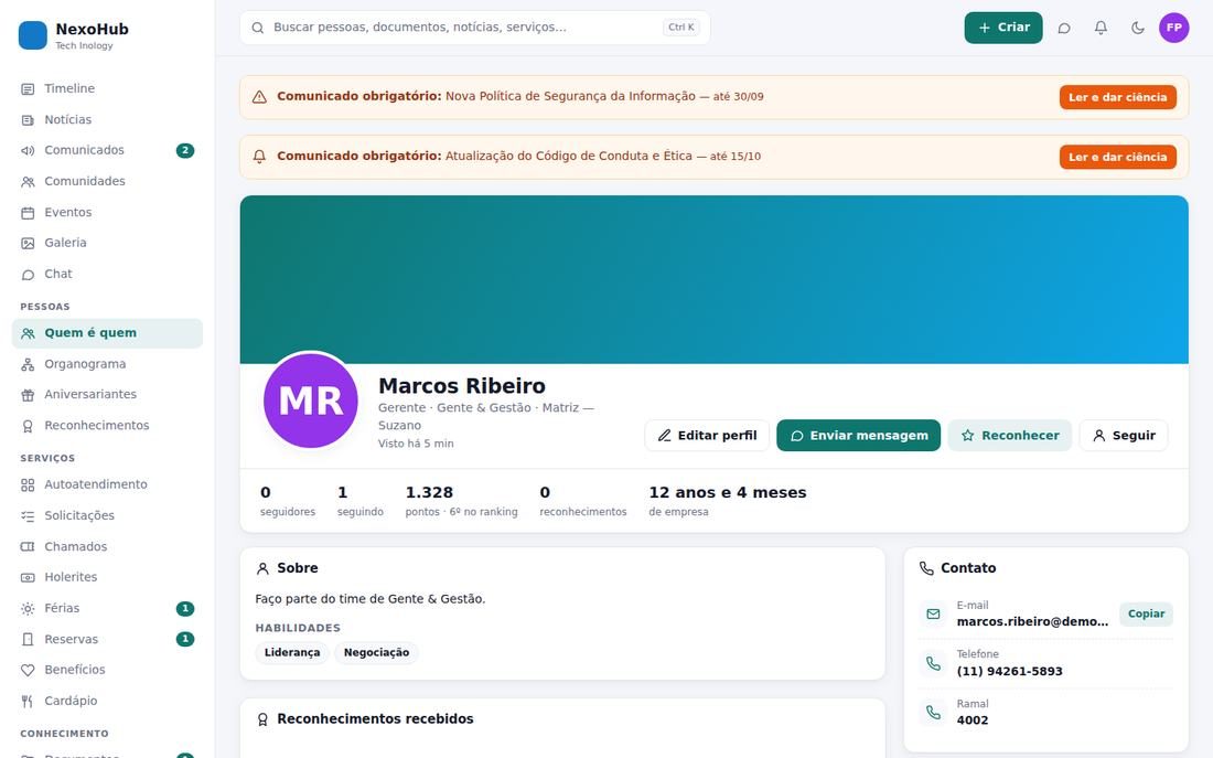 Perfil do colaborador, organograma e diretório com ramais.