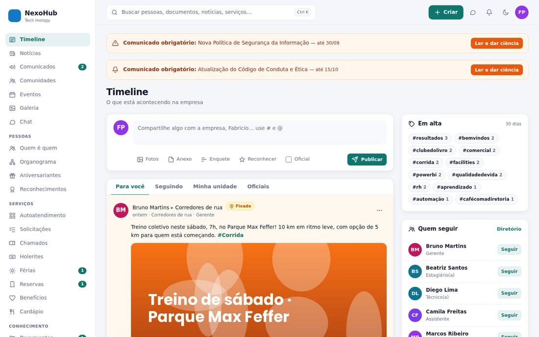 Rede social corporativa com posts, enquetes, hashtags, menções e comunidades.