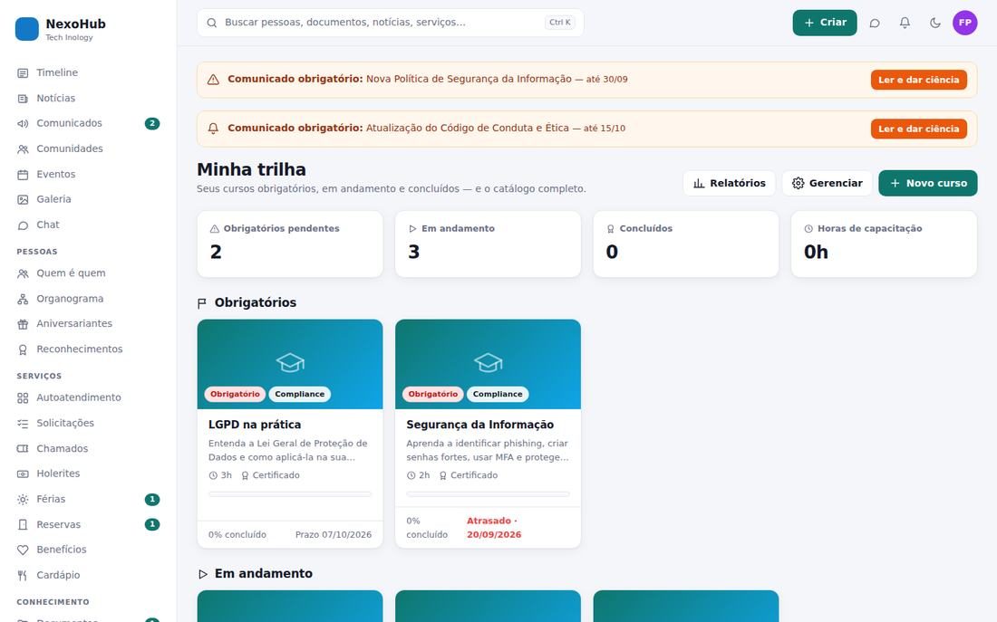 Trilhas de treinamento com obrigatórios, prazos, quiz e certificado.